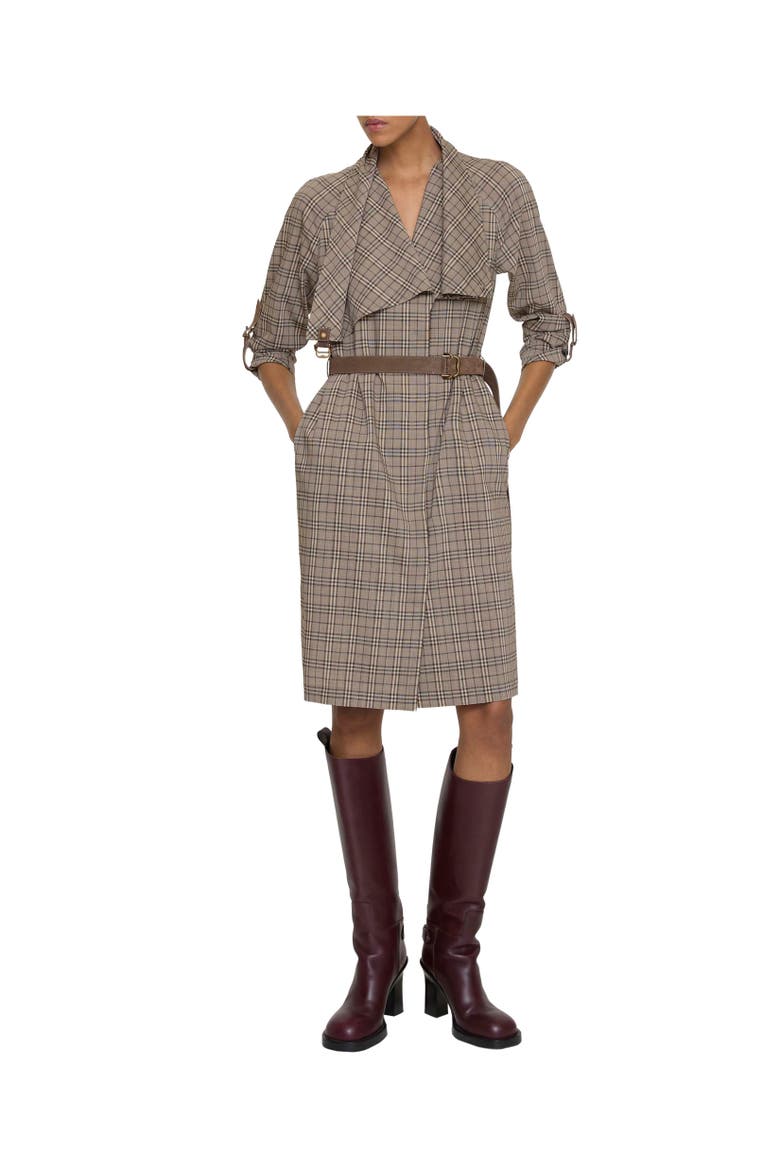 Scarf Collar Check Wool Dress, Alternate, color, Linen beige/mole grey