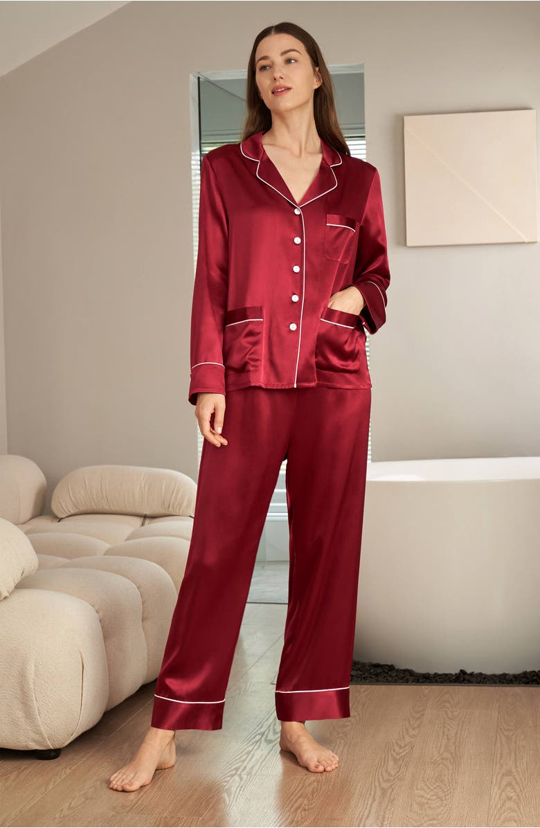 Lilysilk Chic Trimmed Silk Pajama Set, Alternate, color, Claret