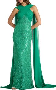 Tadashi Shoji Sequin Lace Cape Halter Gown