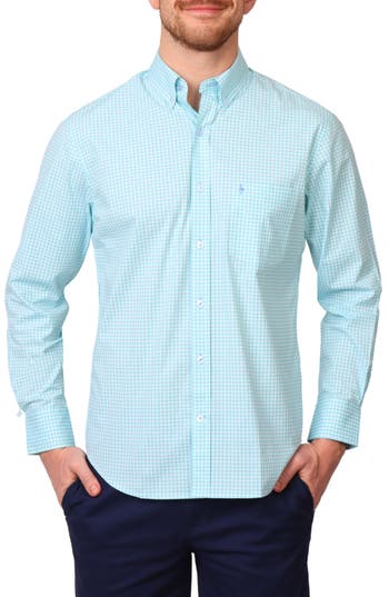 Tailorbyrd Micro Gingham Stretch Cotton Button-up Shirt In Seafoam