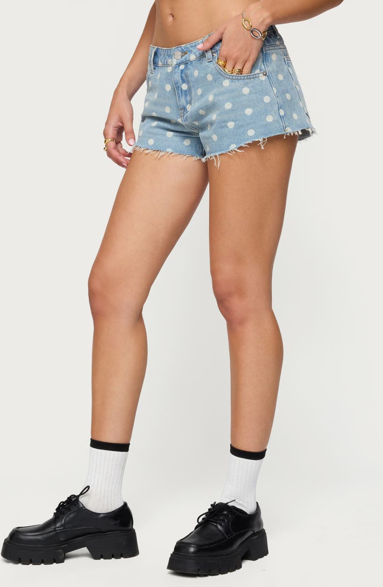 EDIKTED Josie Polka Dot Cutoff Denim Shorts, Alternate, color, Blue-Washed