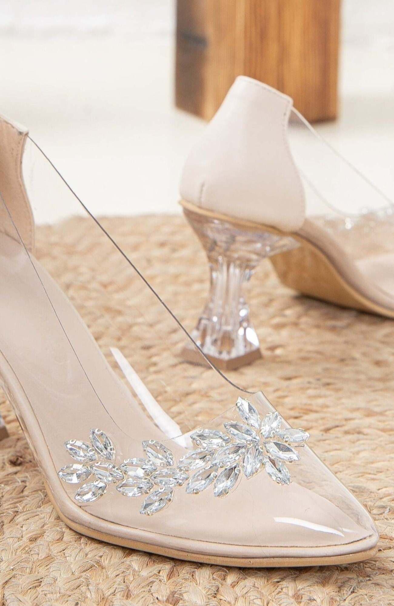 Forever & Always Shoes Cinderella Transparent High Heels, Alternate, color, Beige Faux Leather
