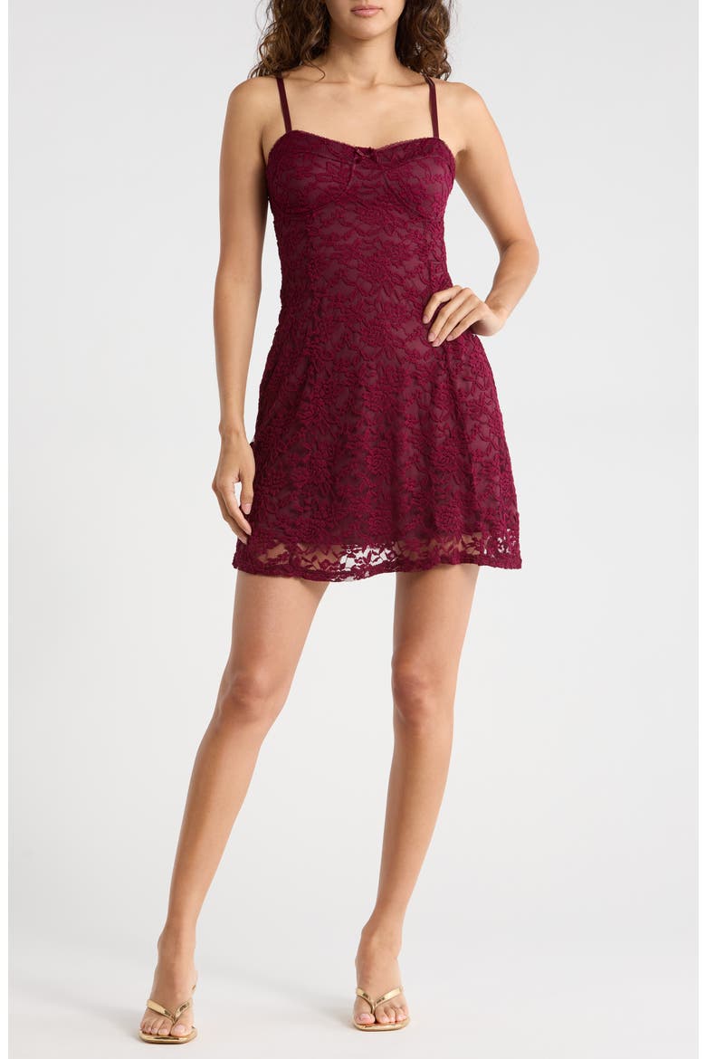 Lace Fit & Flare Dress, Main, color, BURGUNDY