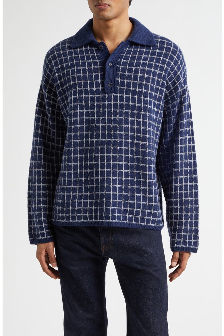 Dume Grid Cashmere Rugby Sweater, Main, color, SILVER GRID/ NAVY