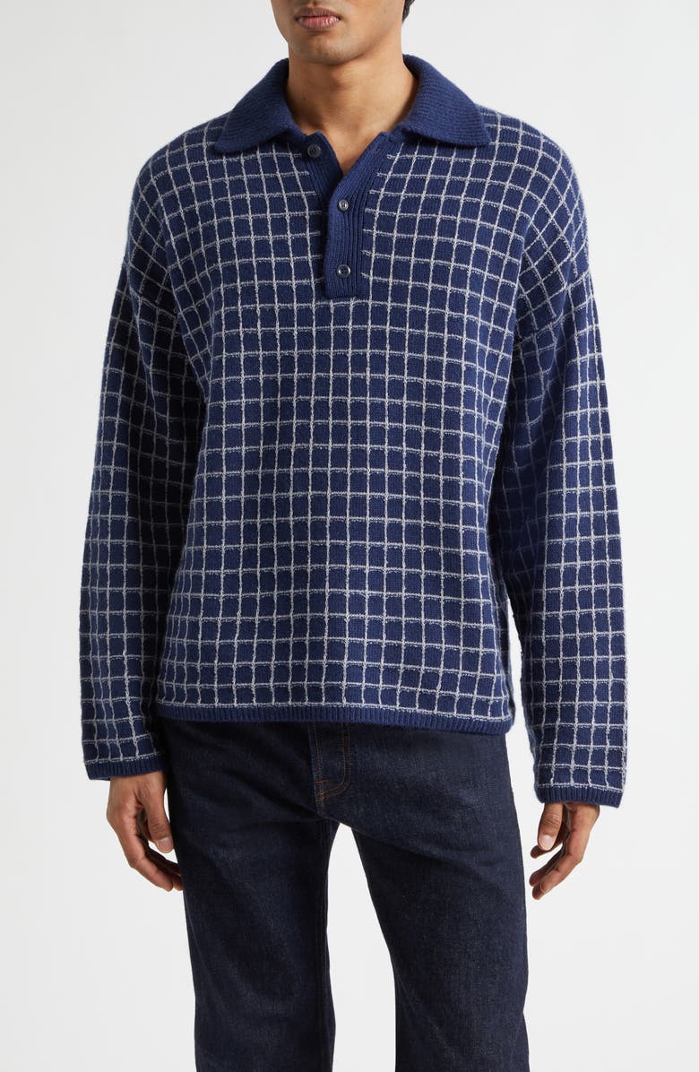 The Elder Statesman Dume Grid Cashmere Rugby Sweater, Main, color, Silver Grid/ Navy