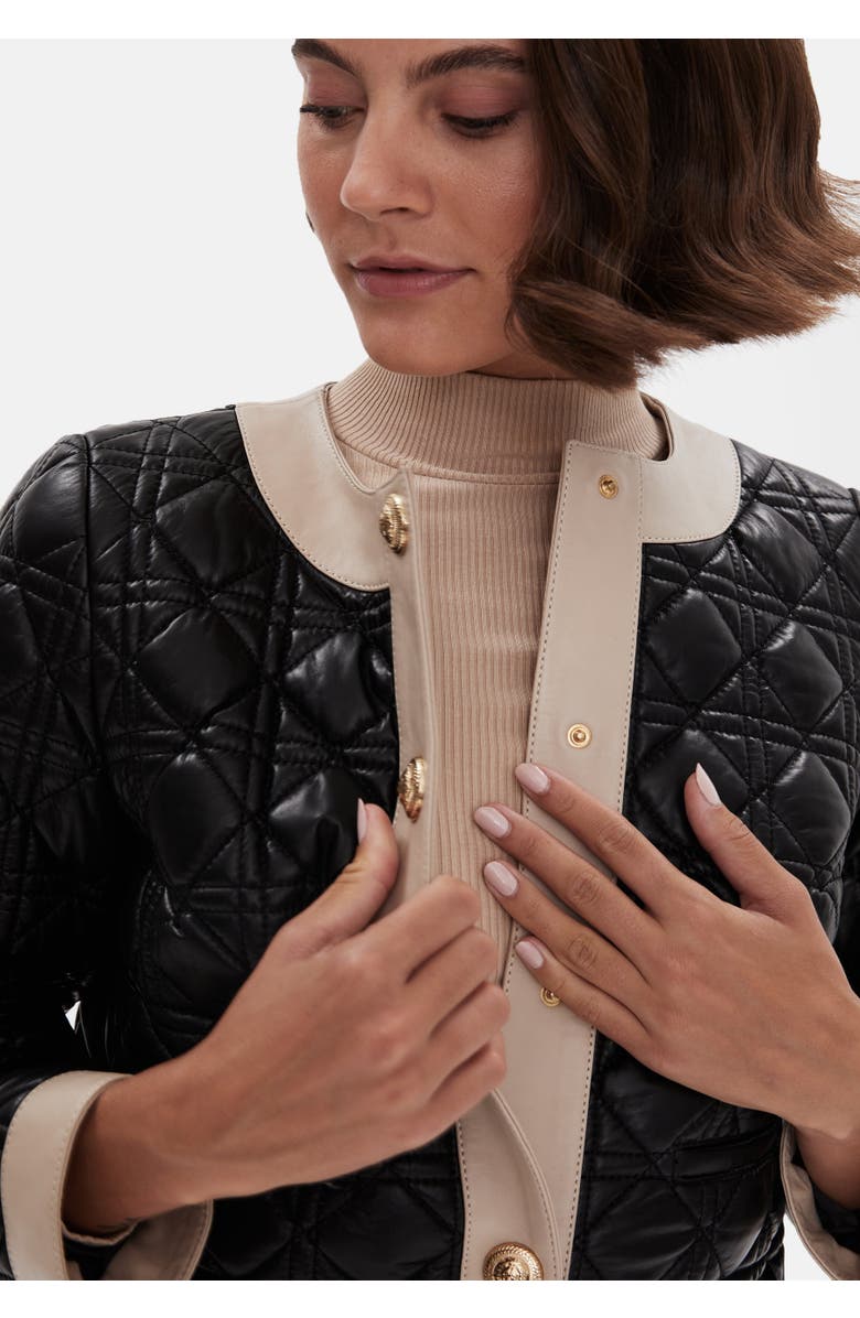 Furniq UK Helena Leather Jacket, Alternate, color, Black With Beige Trim