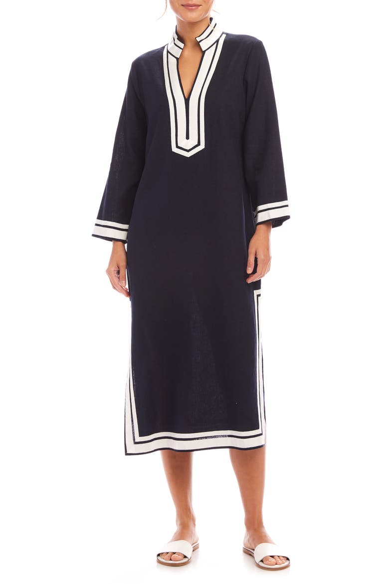 The St. Tropez Long Sleeve Linen Blend Midi Dress, Main, color, NAVY W/ OFF WHITE