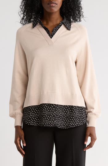 Adrianna Papell V-neck Twofer Sweater In Neutral