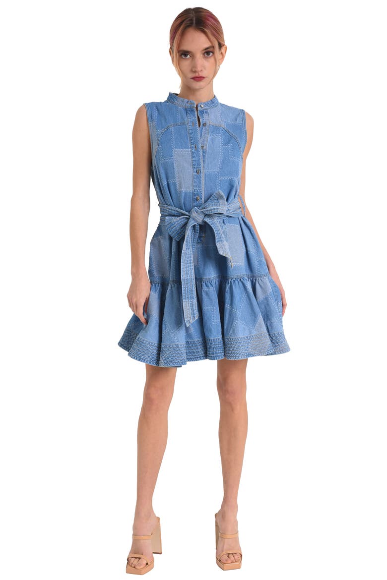 Elly Patchwork Denim Mini Shirtdress, Alternate, color, DENIM BLUE