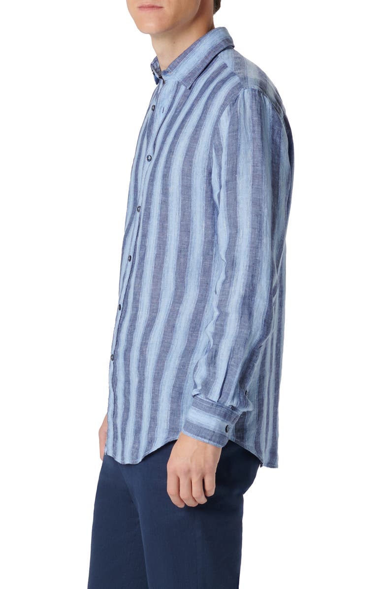 Bugatchi Julian Shaped Fit Stripe Linen Button-Up Shirt, Alternate, color,
