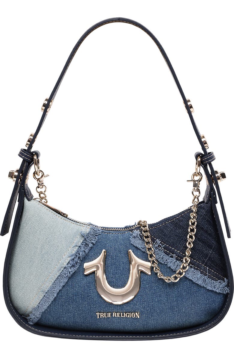 True Religion Frayed Denim Horseshoe Shoulder Bag, Main, color, Denim/ Blue