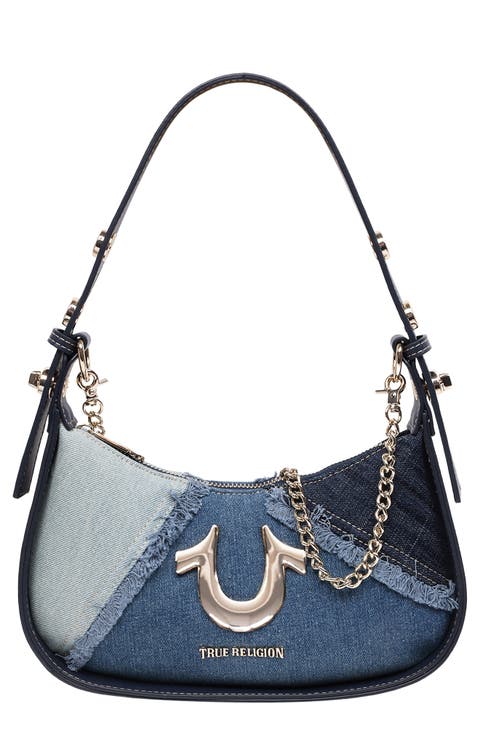 Frayed Denim Horseshoe Shoulder Bag