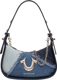 True Religion Frayed Denim Horseshoe Shoulder Bag