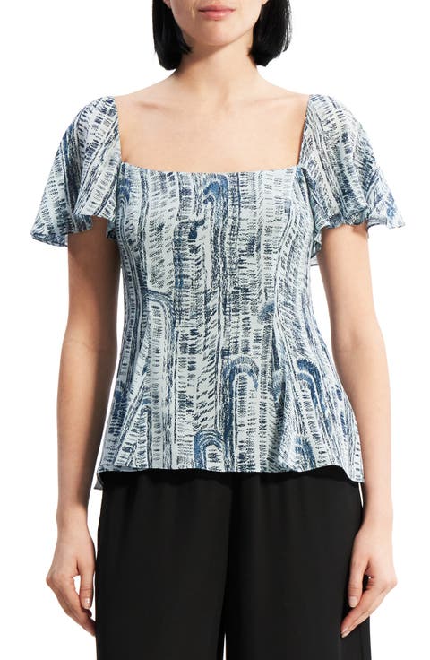 Godet Flutter Sleeve Silk Blouse