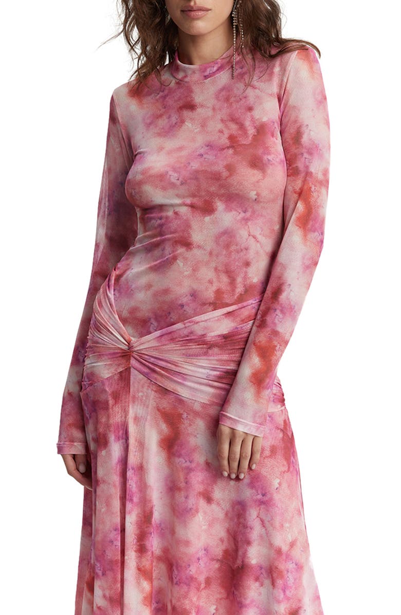 Bardot Lea Tie Dye Ruched Long Sleeve Mesh Maxi Dress, Alternate, color,