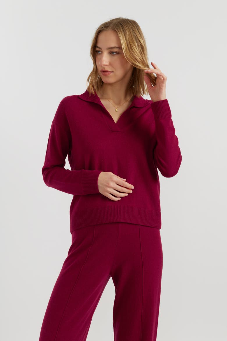 Wool Cashmere Blend V Neck Collared Sweater, Alternate, color, Cherry
