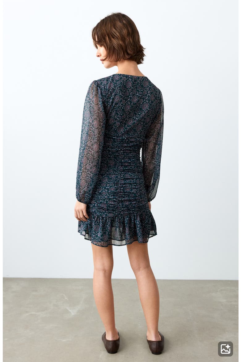 Floral Long Sleeve Ruffle Hem Minidress, Alternate, color, PETROL BLUE