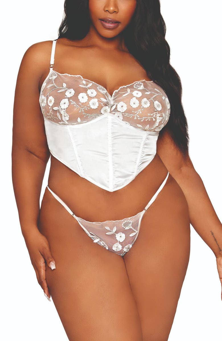 Dreamgirl Underwire Satin & Sheer Mesh Bustier & G-String Set, Main, color, White
