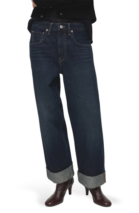Cuffed Mid Rise Wide Leg Jeans