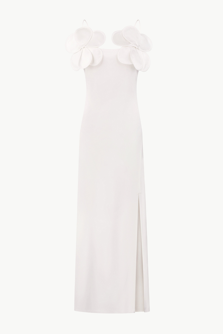 Long-Silhouette Sheath Dress With Delicate Straps and Floral Appliques, Main, color, Ivory