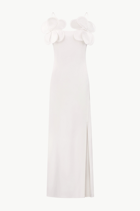 Long-Silhouette Sheath Dress With Delicate Straps and Floral Appliques