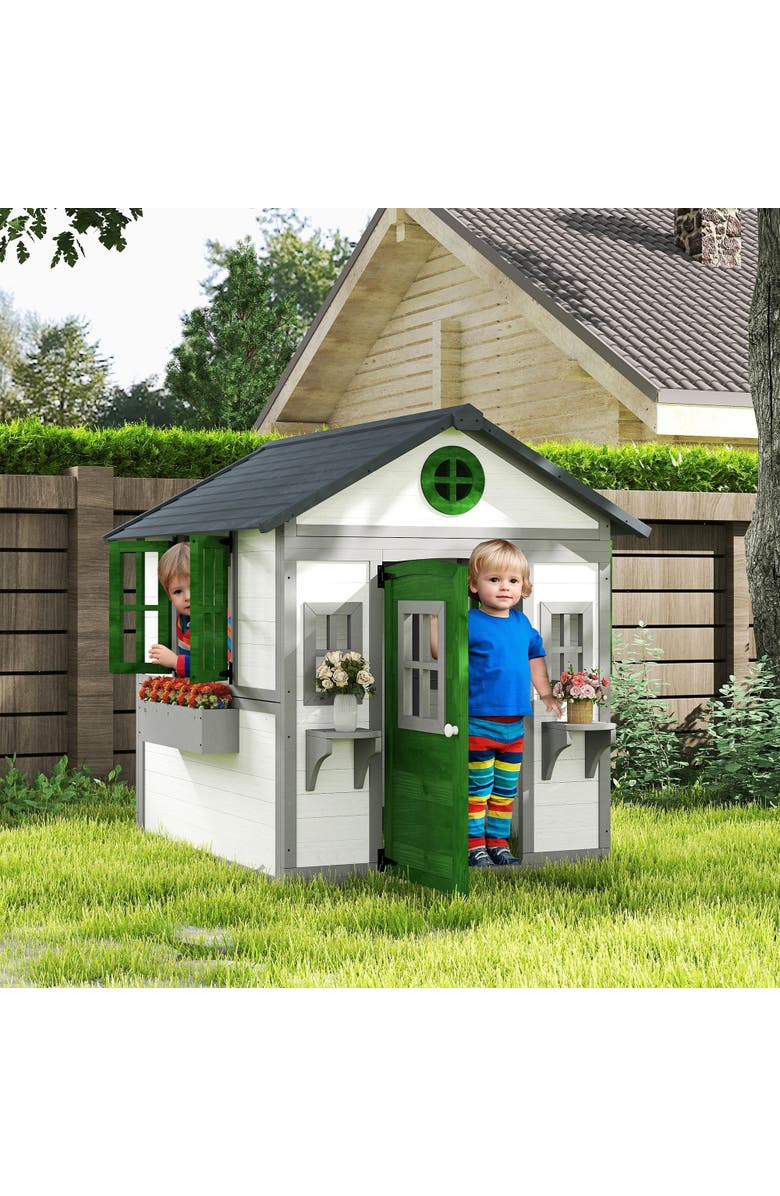 Outsunny Playhouse for Kids with Doors, Windows, Planter Pots, Indoor/Outdoor Use, Alternate, color, 
