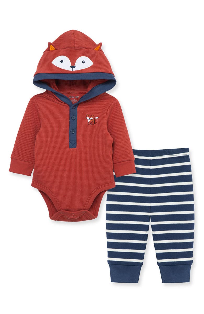 Little Me Fox Hooded Bodysuit & Stripe Pants Set, Main, color,