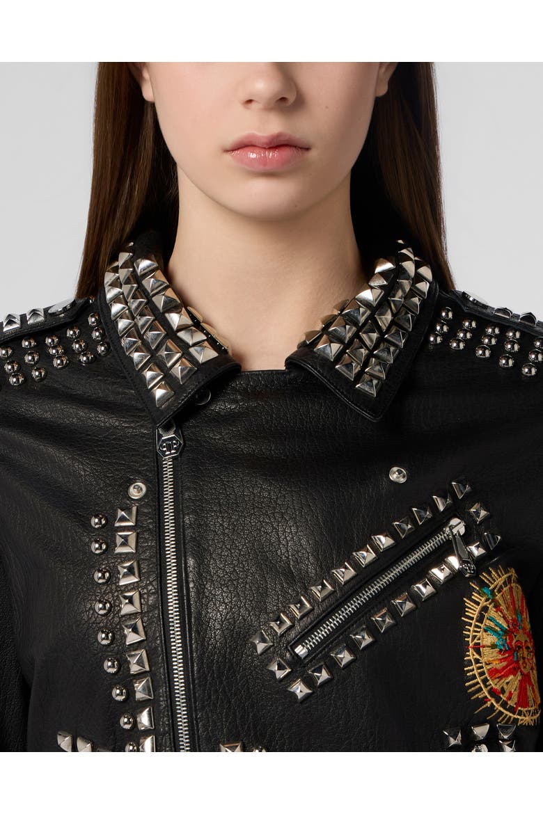 Boxy Fit Biker Jacket Studs &Amp; Patches Women, Alternate, color, black