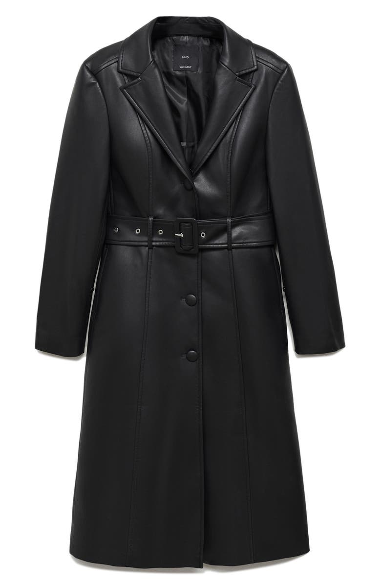 MANGO Fernanda Faux Leather Belted Coat with Removable Faux Fur Trim, Alternate, color, 