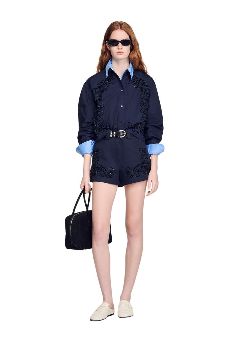 Embroidered cotton shorts, Alternate, color, Navy blue