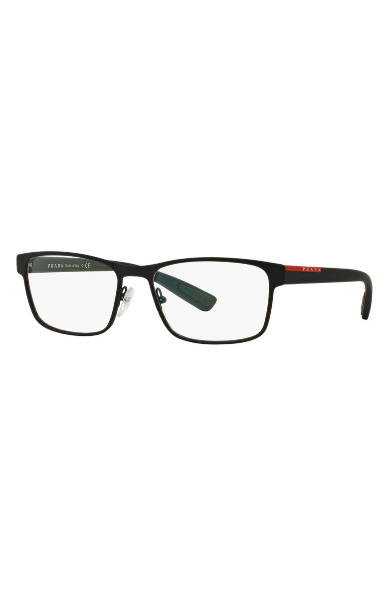 Prada Linea Rossa 55mm Rectangular Optical Glasses, Alternate, color, Rubber Black