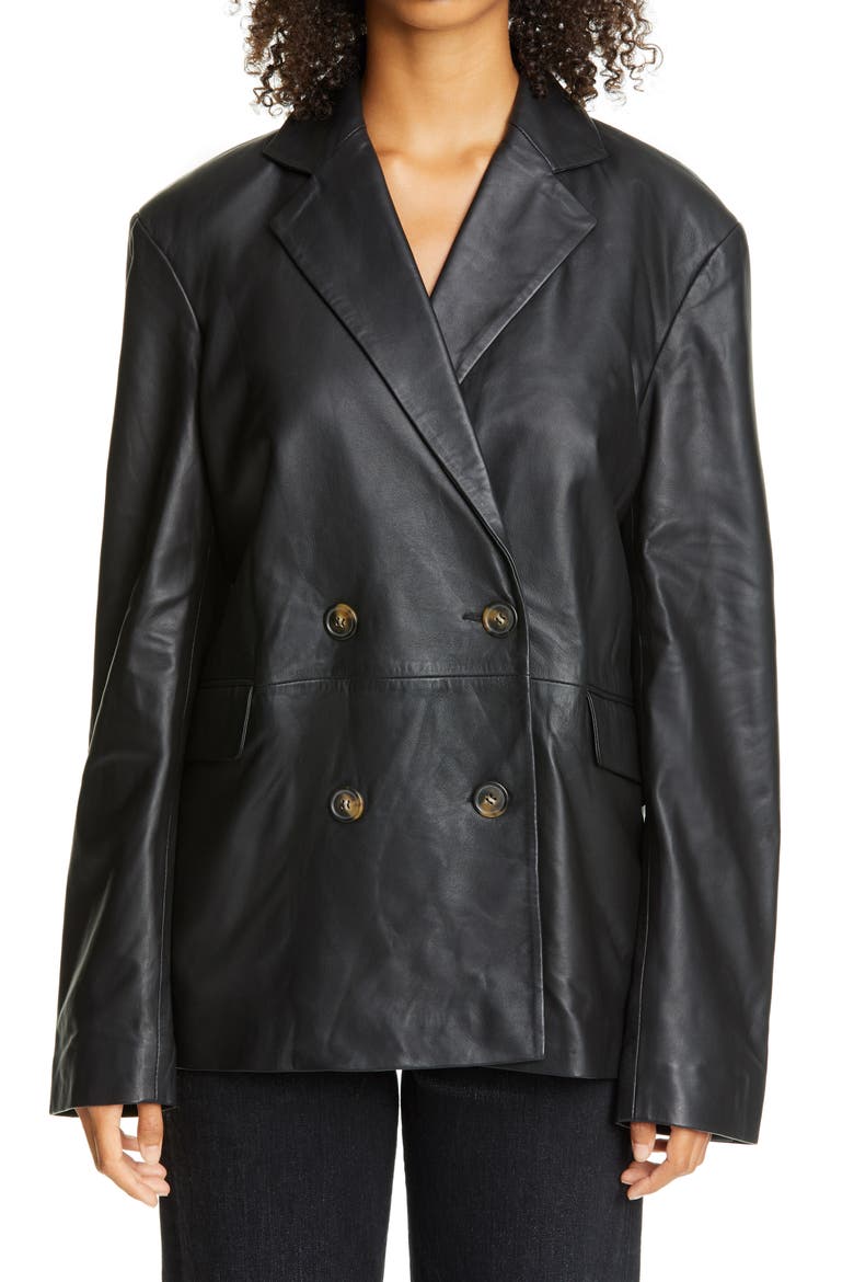 Loulou Studio Oversized Double Breasted Leather Blazer, Main, color, BLACK