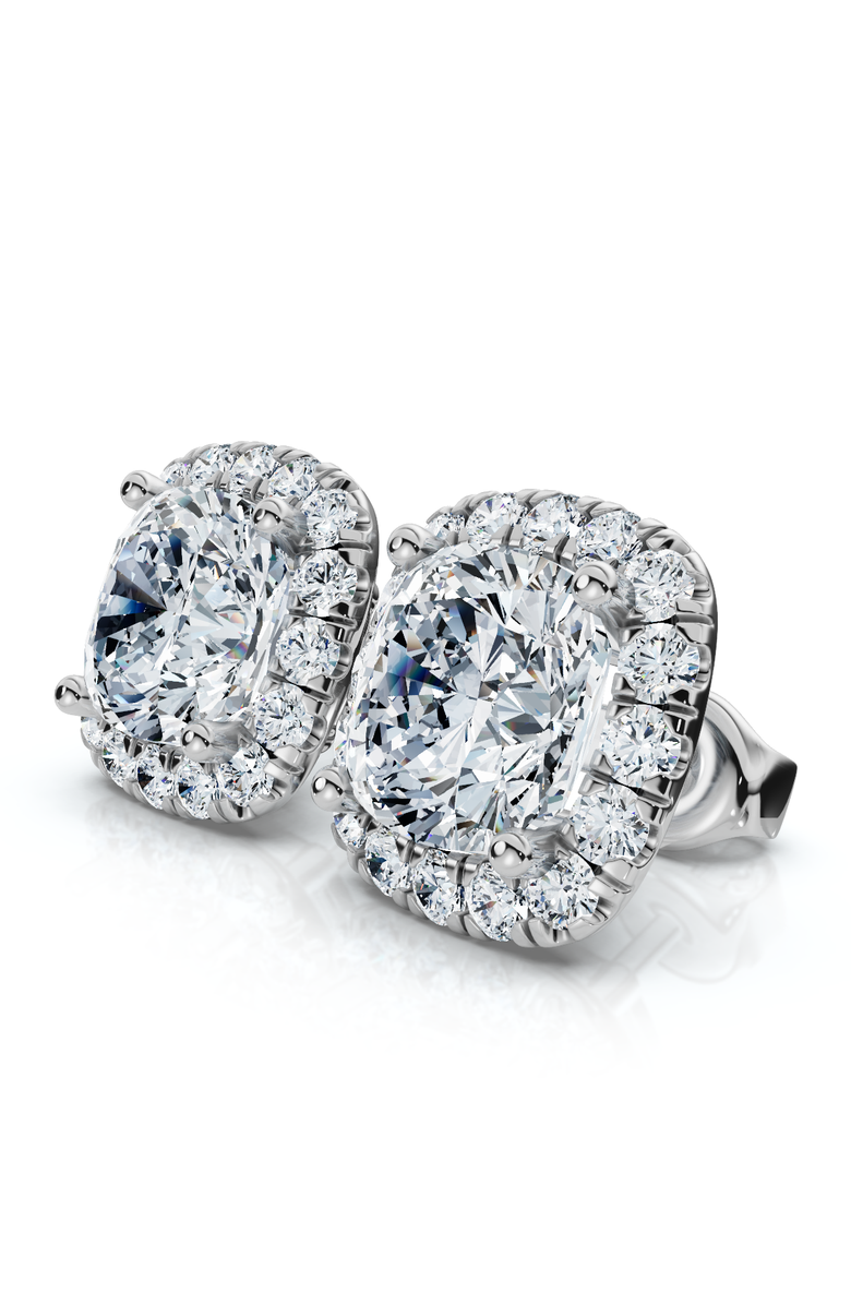 Bliss Diamond Certified 5.80Ct Cushion Cut Diamond Halo Studs 14k Gold Women's Earrings, Alternate, color, 14K White Gold