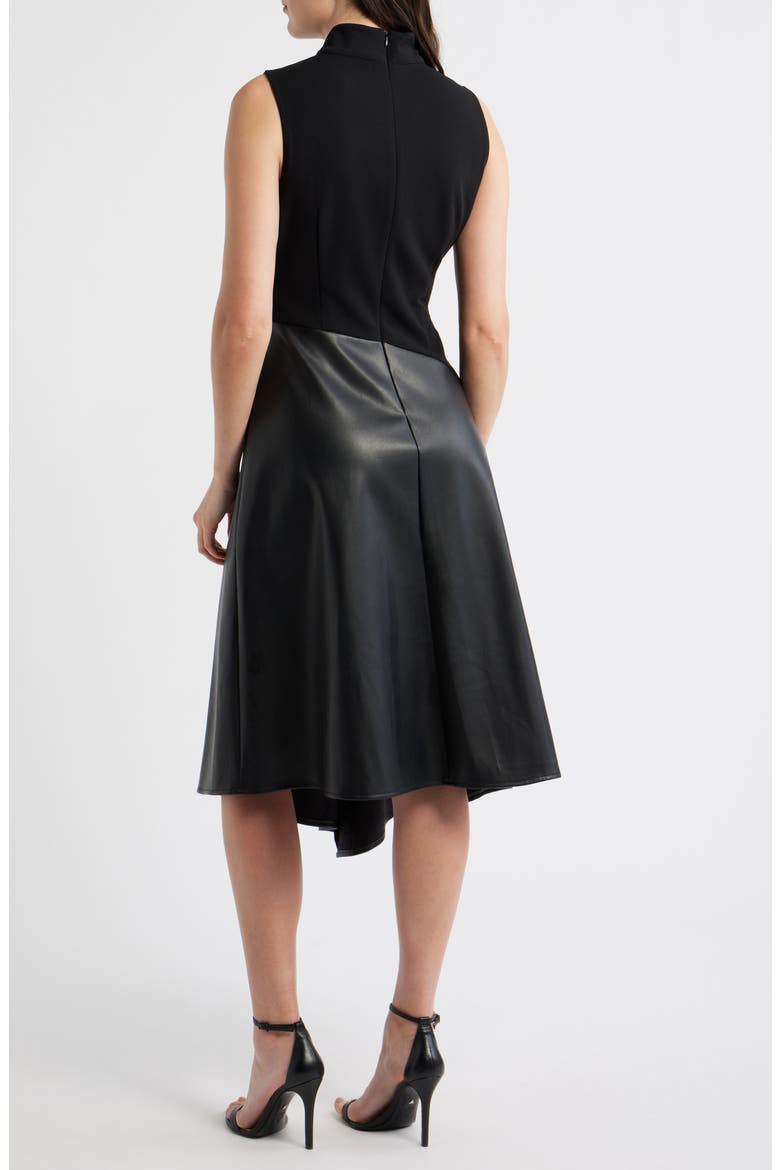 Mixed Media Asymmetric Mock Neck Midi Dress, Alternate, color, BLACK/ BLACK