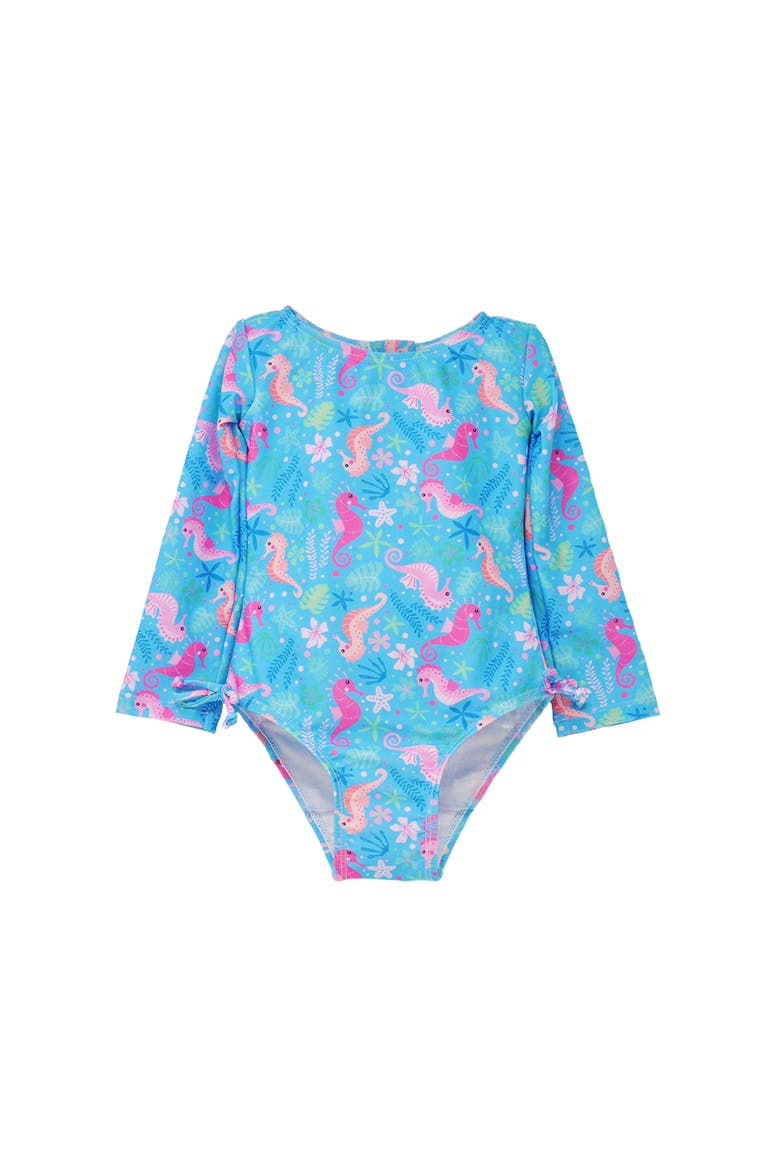 Girl's  UPF 50+ Charlie Long SleeveRash Guard Swimsuit, Alternate, color, Seahorse Garden