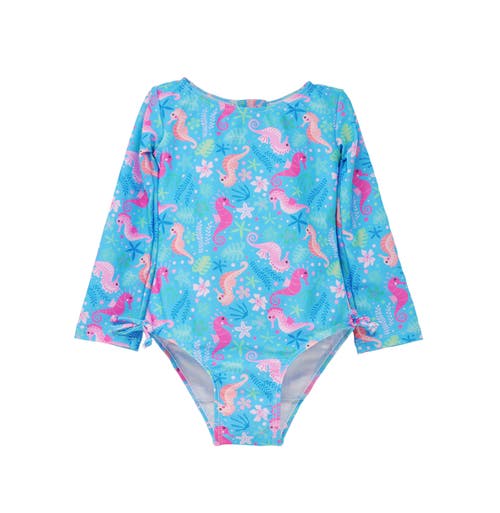 Flap Happy Girl's Upf 50+ Charlie Long Sleeverash Guard Swimsuit In Seahorse Garden
