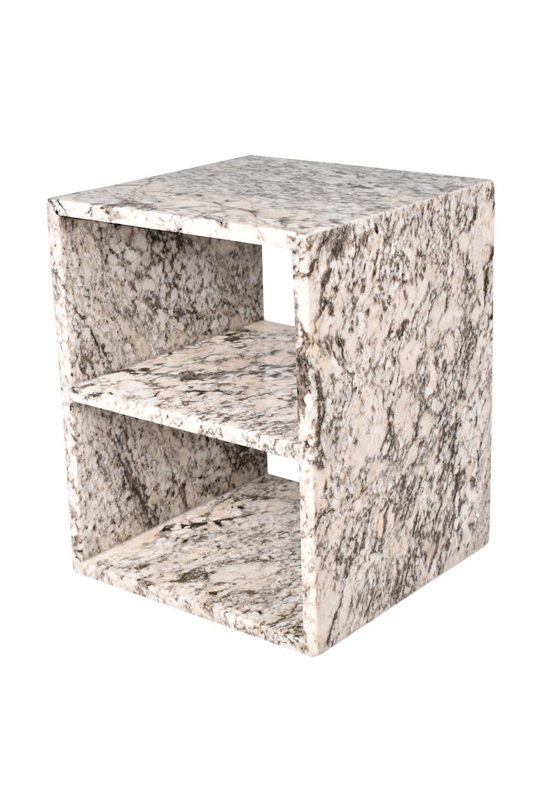 Sloane Modern Genuine Marble Square End Table with Open Shelf, Solid Stone Storage Side Accent Table for Living Room, Main, color, Beige/Dark Taupe