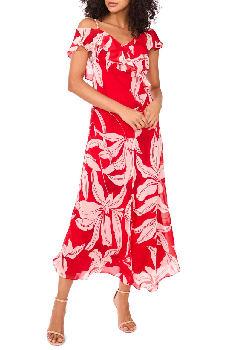 The Bridget Floral Print Ruffle Dress, Main, color, IBIZA RED