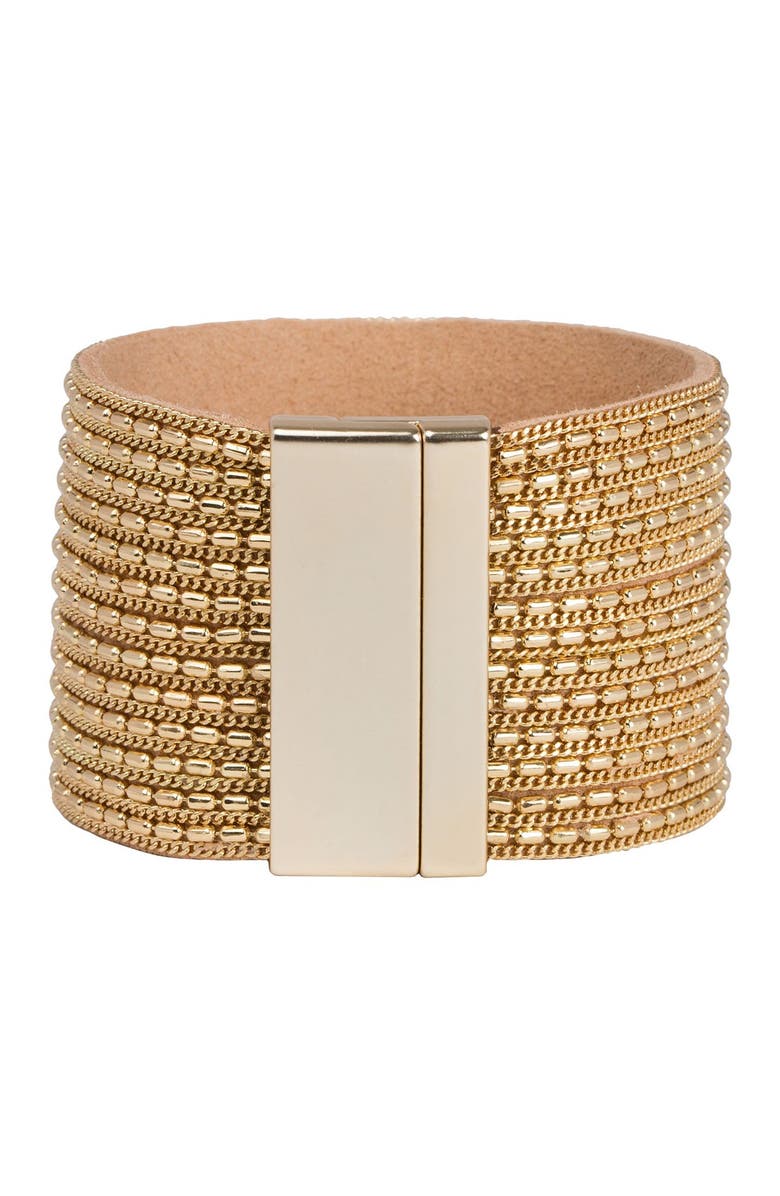 SAACHI Rock n' Roll Chain & Leather Cuff Bracelet, Alternate, color, Gold