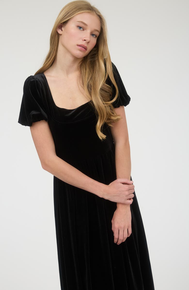 AUGUST SKY Puff Sleeve Velvet Fit & Flare Midi Dress, Alternate, color, Black