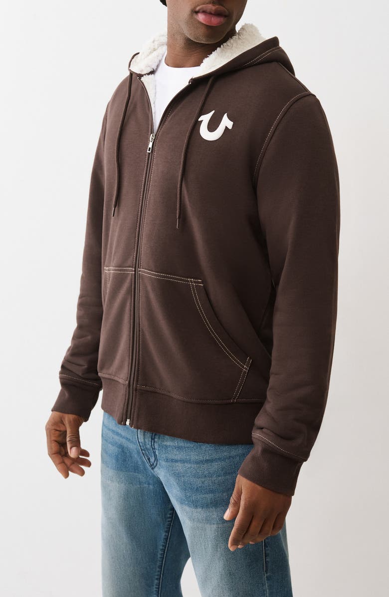 True Religion Logo Seal Faux Shearling Zip Hoodie, Alternate, color, Java