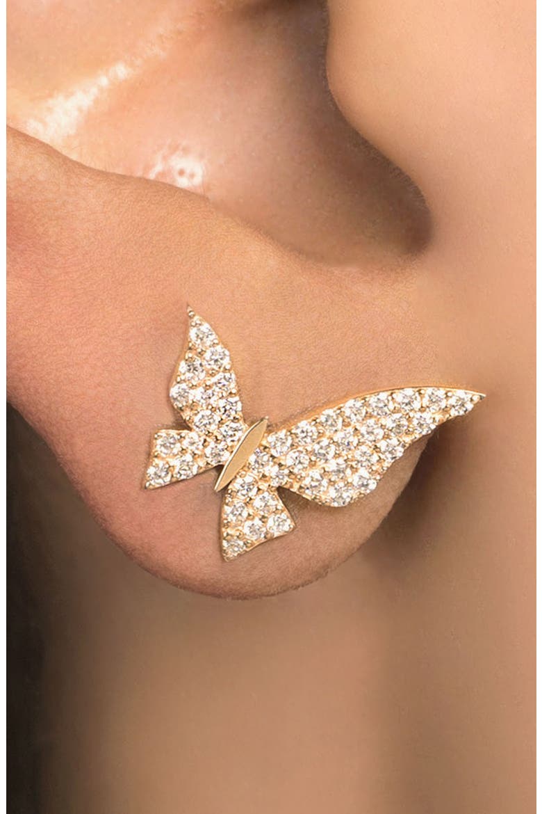 Mini Butterfly Pavé Diamond Stud Earrings, Alternate, color, YELLOW GOLD