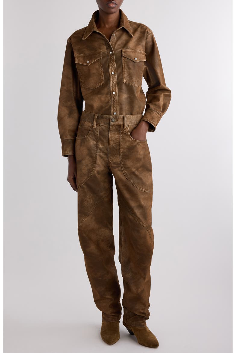 Karima Faux Leather Snap-Up Shirt, Alternate, color, TABACCO
