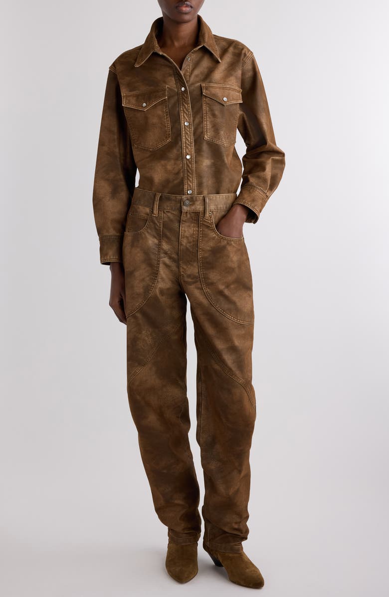 Isabel Marant Étoile Karima Faux Leather Snap-Up Shirt, Alternate, color, Tabacco