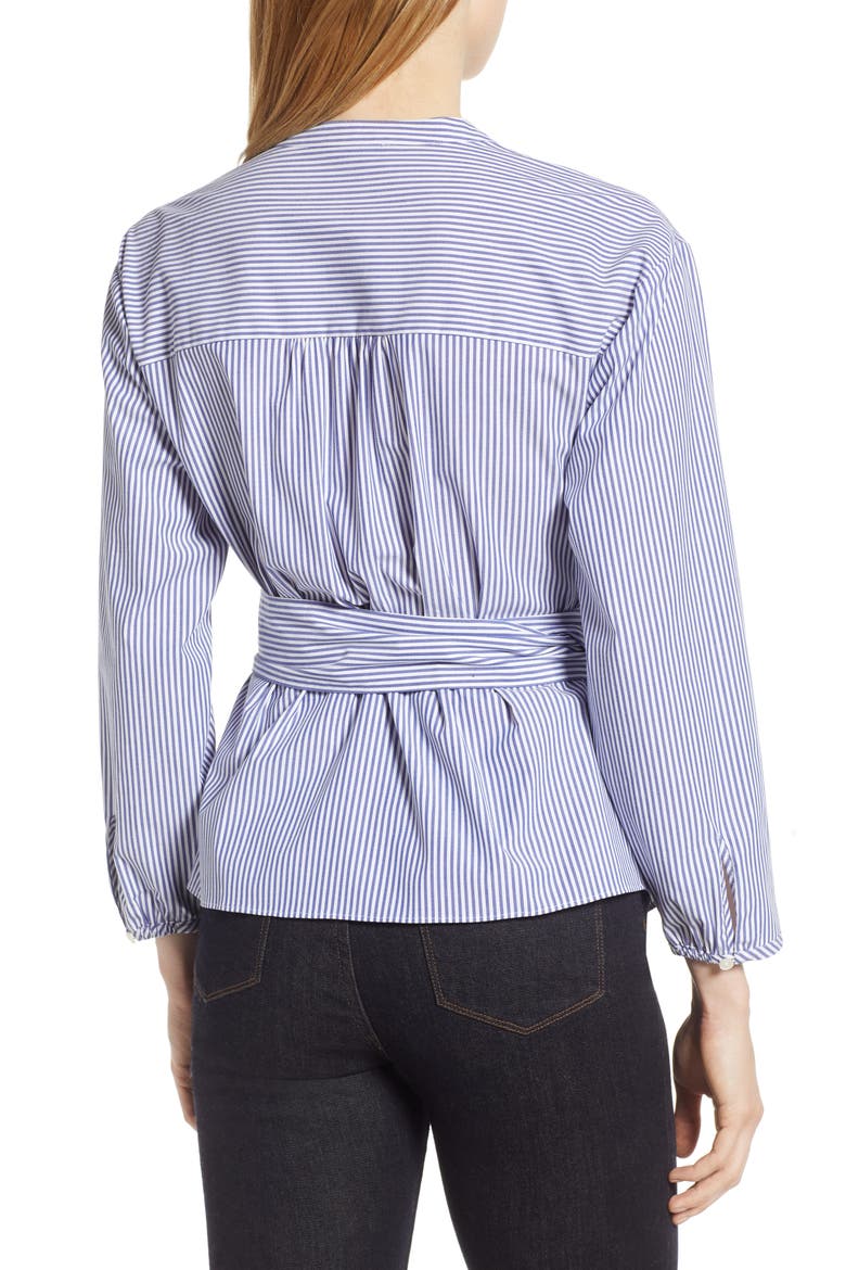 Stretch Cotton Stripe Wrap Top, Alternate, color, BLUE