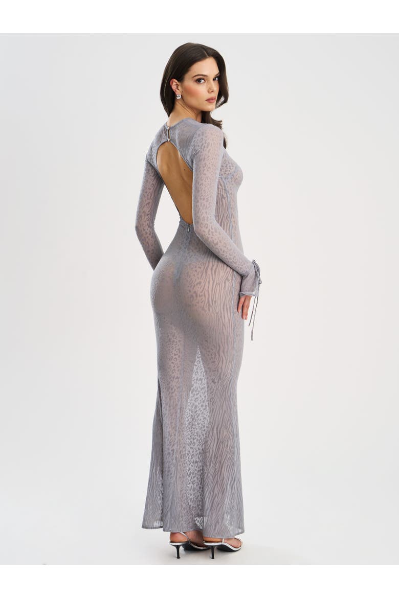 Waylynn Gray Animal Print Burnout Velvet Detail Mesh Backless Maxi Dress, Alternate, color, Grey