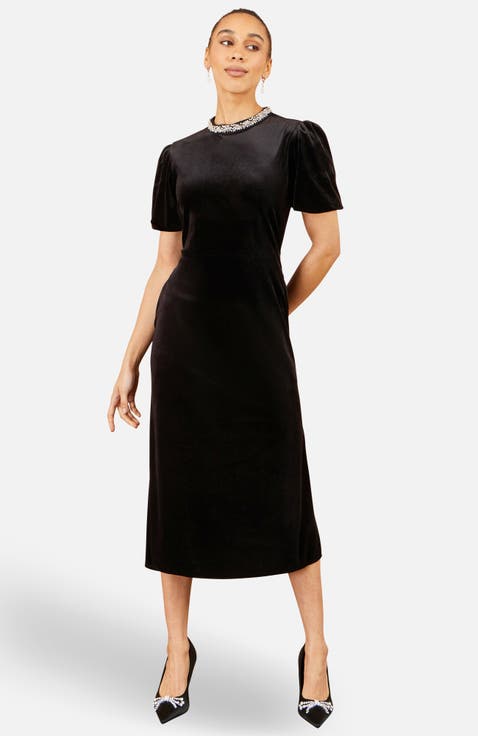 Velvet Embellised Neckline Midi Dress