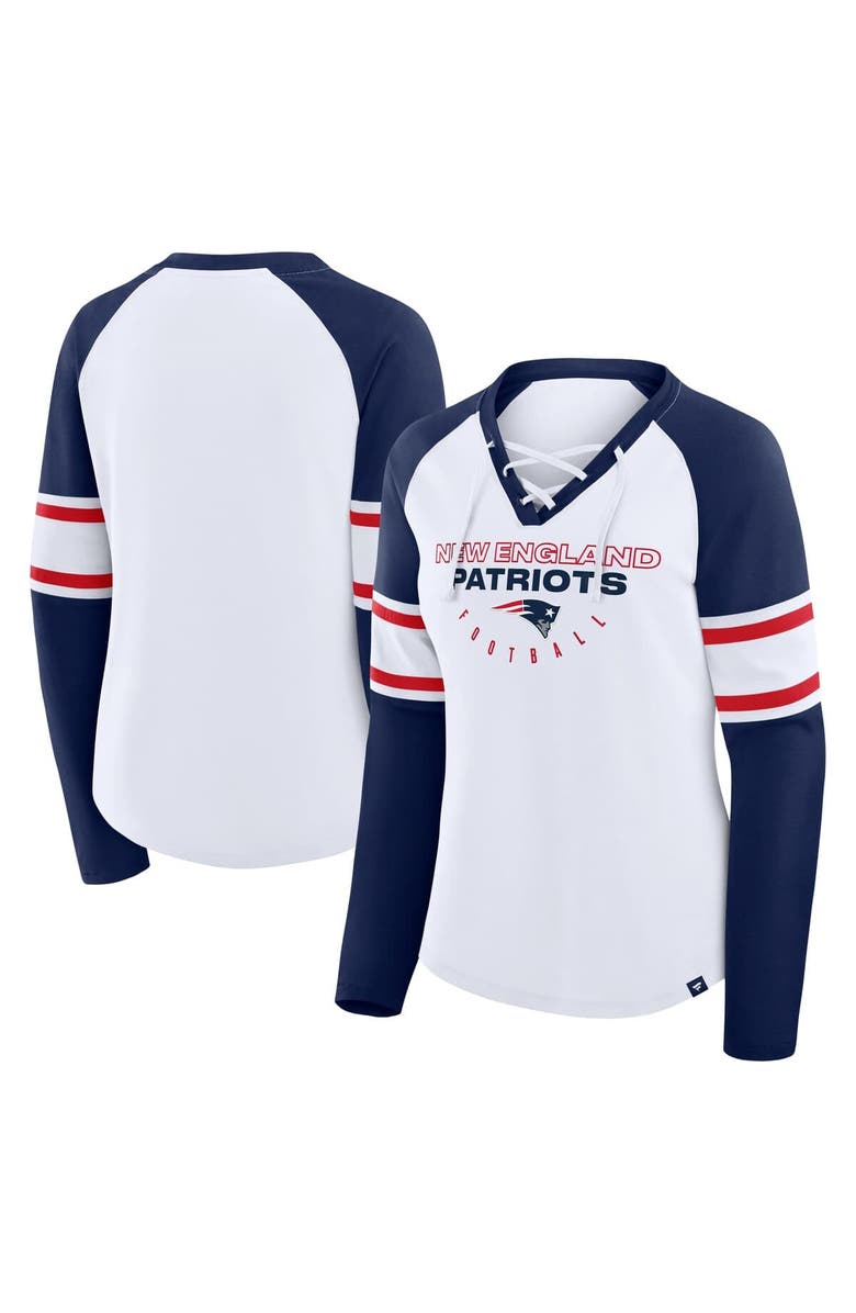FANATICS Women's Fanatics White/Navy New England Patriots Redzone Blitz Package Raglan Lace-Up V-Neck Long Sleeve T-Shirt, Main, color, White