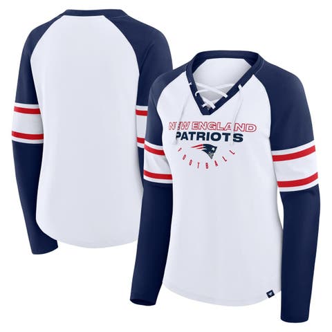 Women's Fanatics White/Navy New England Patriots Redzone Blitz Package Raglan Lace-Up V-Neck Long Sleeve T-Shirt