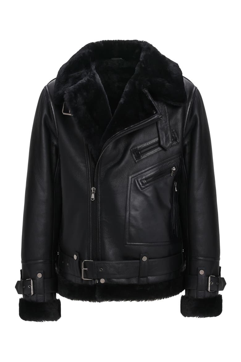 Men's  Genuine Shearling  Moto Zip Jacket, Alternate, color, BLACK